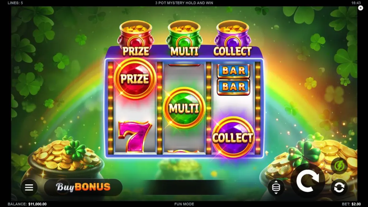 Tampilan visual slot 3 Pot Mystery Hold and Win dengan tema tambang emas