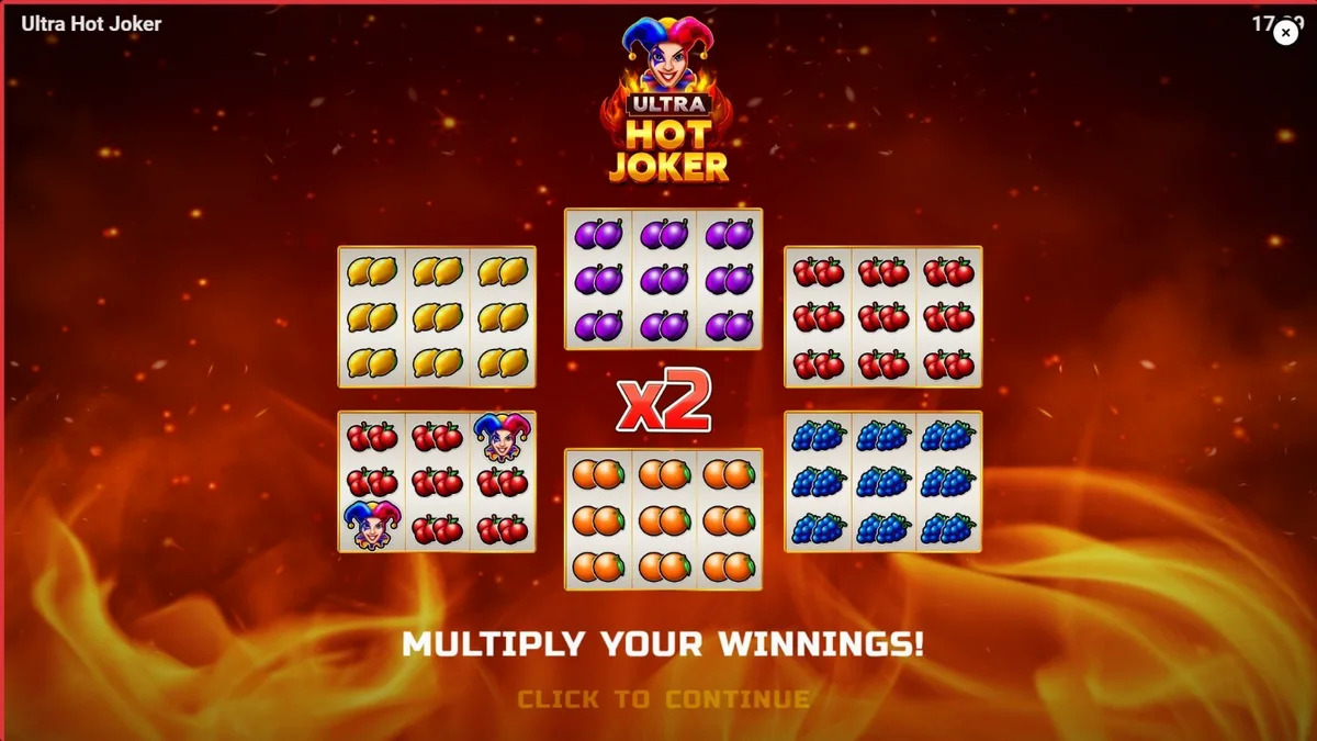 Tampilan visual slot Ultra Hot Joker dengan simbol buah dan latar belakang api